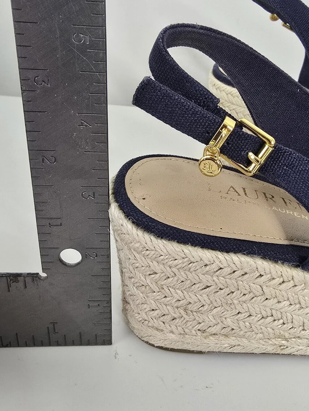 Lauren Ralph Lauren Navy Hadley Espadrille Wedge Canvas Sandals 8B Slingback
